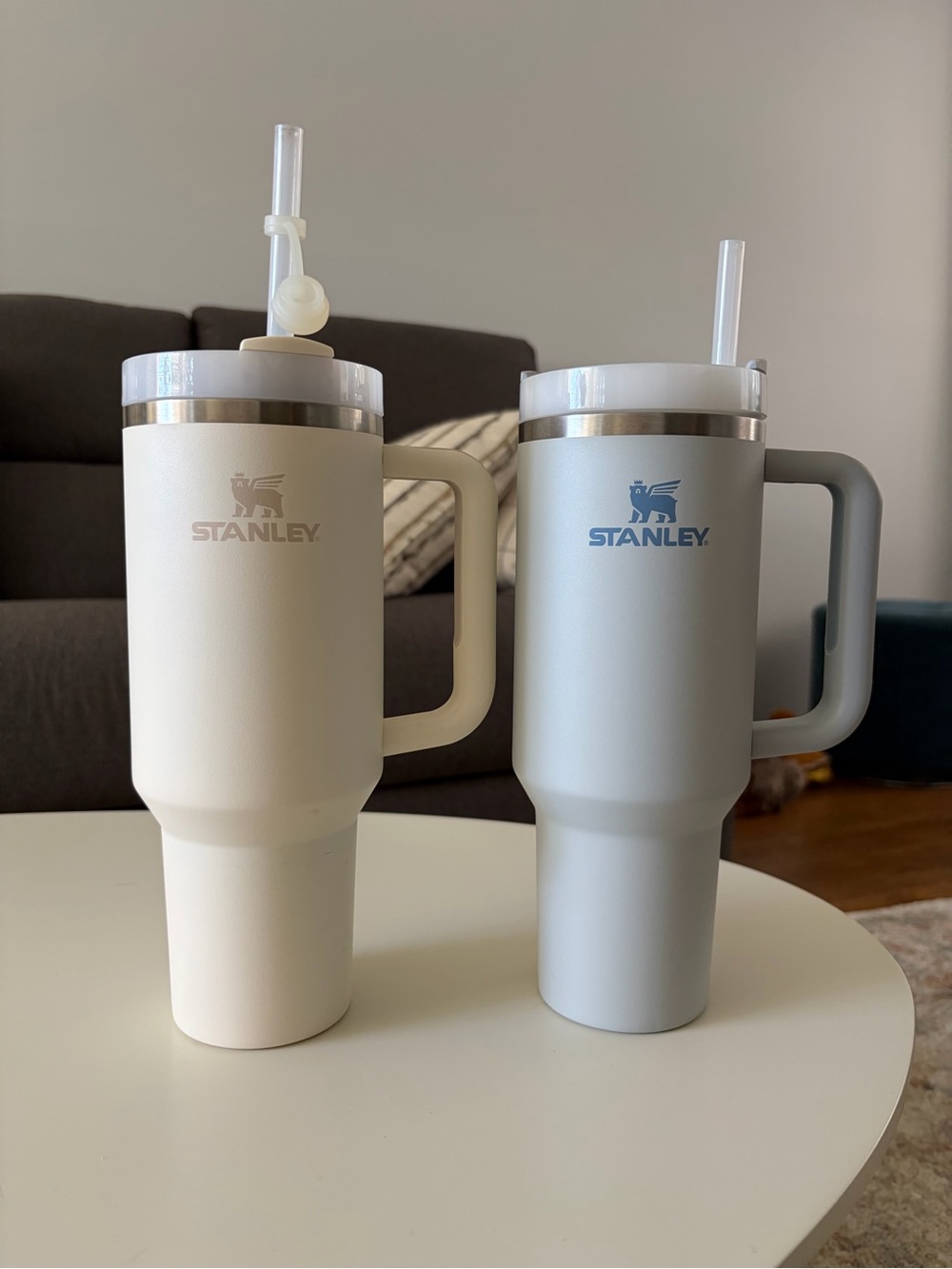 Lot of 2 Stanley 40oz Cream and Light Gray Travel Mugs with Handle and Straw